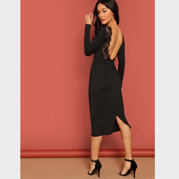 Lace Detail Backless Black Midi Pencil Dress - Picture 5 of 9